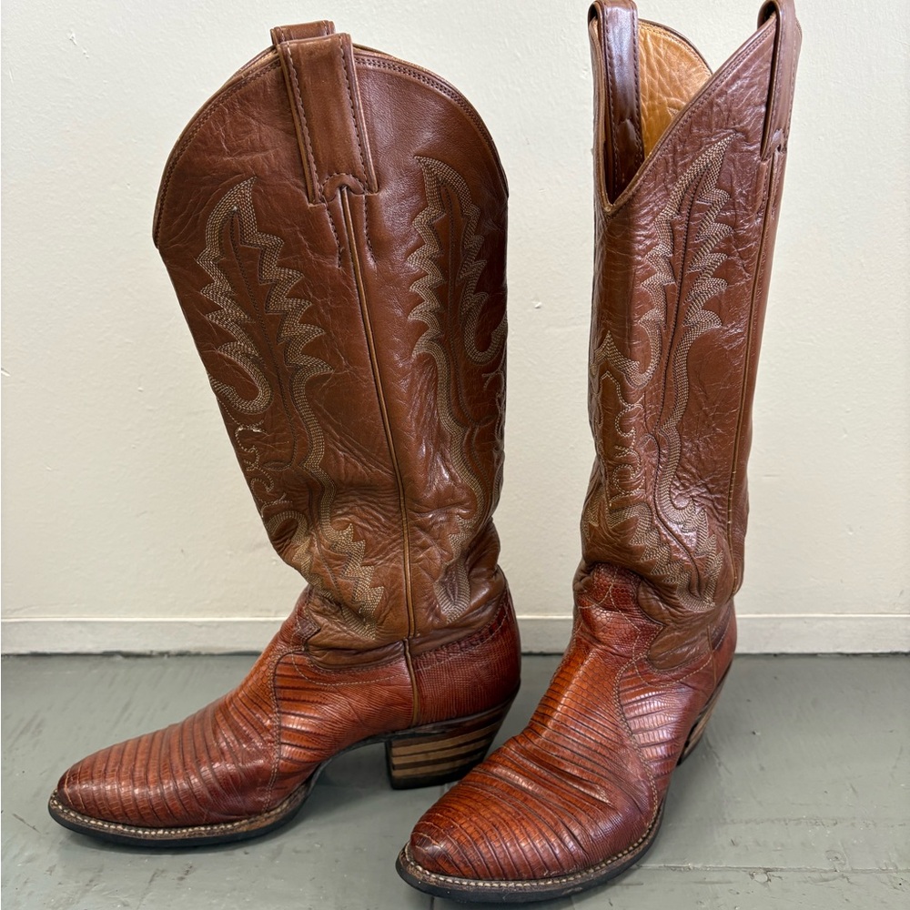 JUSTIN Vtg Lizard Boots Brown Sz 7.5 B USA Made Cowboy Western